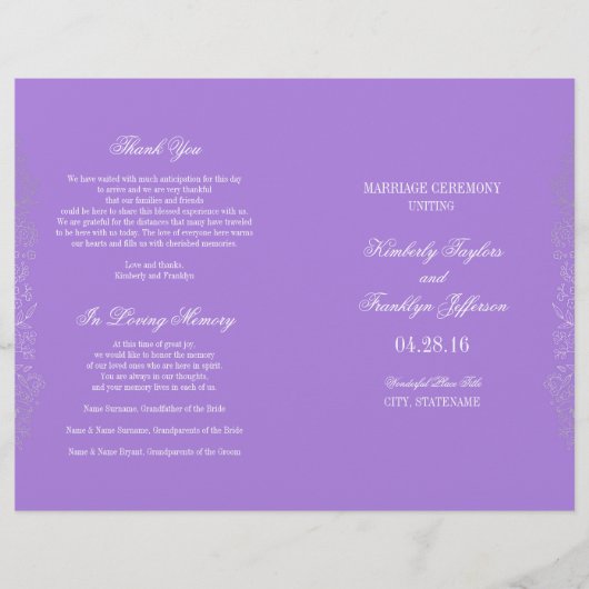 Zilver  Floral Paars Wedding Programma's (Voorkant)