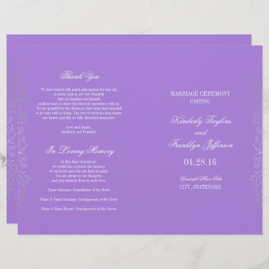 Zilver  Floral Paars Wedding Programma's (Voorkant / Achterkant)