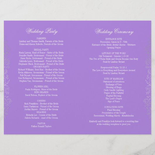 Zilver  Floral Paars Wedding Programma's (Achterkant)