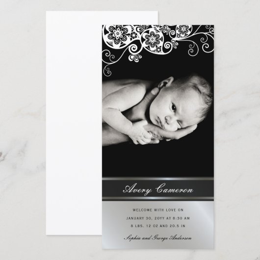 Zilver Floral Paisley Baby Girl - Aankondiging van (Voorkant / Achterkant)