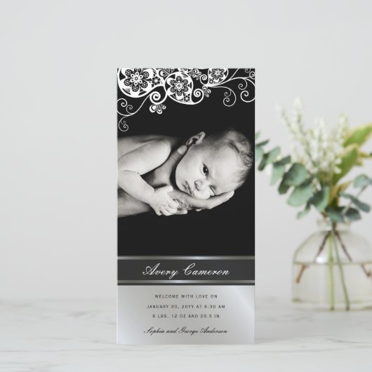 Zilver Floral Paisley Baby Girl - Aankondiging van (Staand voorkant)