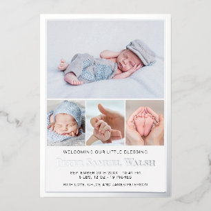 Zilver Foil Baby Boy Geboortedatum Fotokaart Folie Uitnodiging
