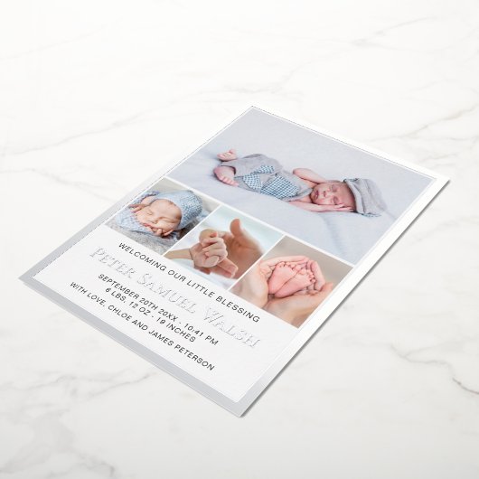Zilver Foil Baby Boy Geboortedatum Fotokaart Folie Uitnodiging (Gedraaid)