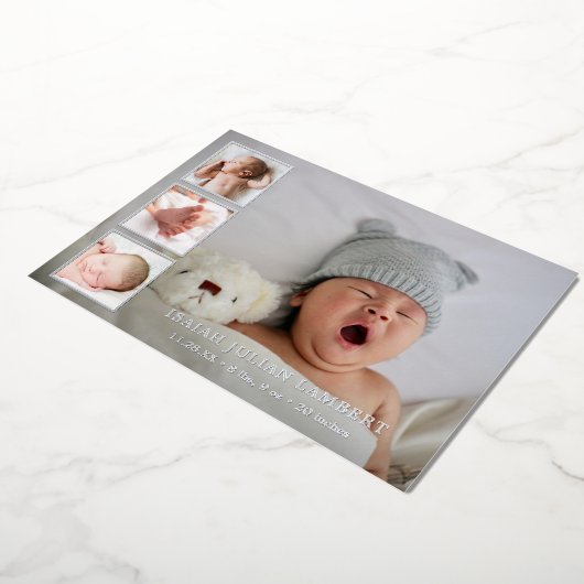 Zilver Foil Foto Collage Boy Birth Announding Folie Uitnodiging (Gedraaid)