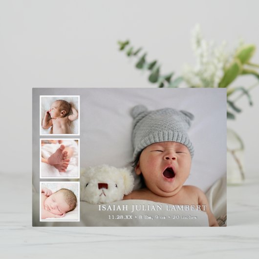 Zilver Foil Foto Collage Boy Birth Announding Folie Uitnodiging (Staand Voorkant)
