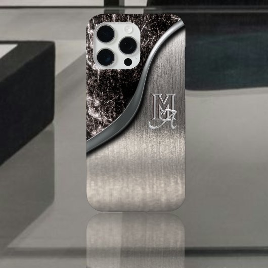 Zilver geborsteld metaal en Metallic Stone monogra iPhone Hoesje