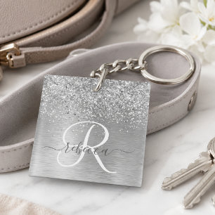 Zilver Geborsteld Metaal Glitter Monogram Naam Sleutelhanger