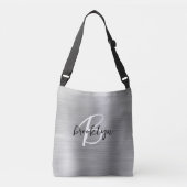 Zilver Geborsteld Metaal Zwart Wit Script Monogram Crossbody Tas (Voorkant)