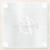 Zilver Geborsteld Metaal Zwart Wit Script Monogram Glazen Onderzetter (Achterkant)