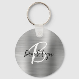 Zilver Geborsteld Metaal Zwart Wit Script Monogram Sleutelhanger