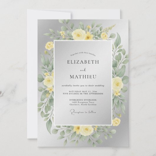 Zilver Gele Ranunculus Eucalyptus Bruiloft Kaart (Voorkant)
