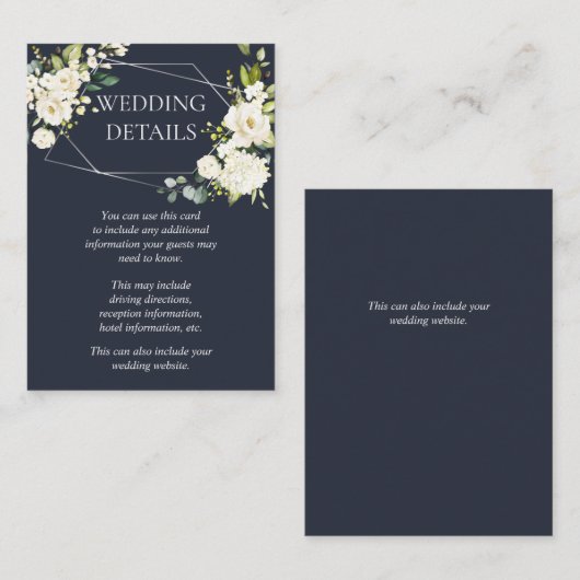 Zilver Geometrisch Blauw Wit Bloemen Bruiloft Deta Informatiekaartje (Voorkant / Achterkant)