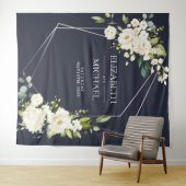 Zilver Geometrisch Navyblauw Witte Bloem Bruiloft Wandkleed (In Situ (horizontaal))
