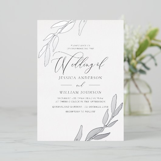 Zilver geperste Folie Leaf Supreely Elegant Weddin Folie Uitnodiging (Staand Voorkant)