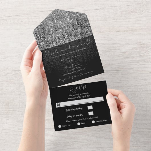 Zilver Glam Glitter Modern Chique Glans Bruiloft All In One Uitnodiging (Afscheurbaar)