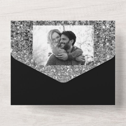 Zilver Glam Glitter Modern Chique Glans Bruiloft All In One Uitnodiging (Achterkant)