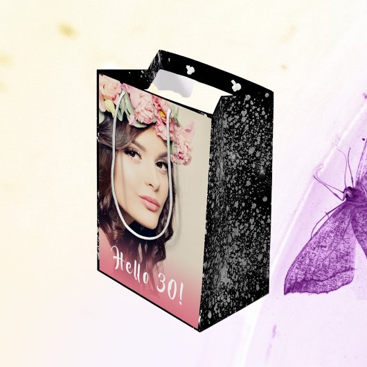 Zilver glanzend glitter stof verjaardag foto hello medium cadeauzakje