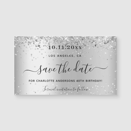 Zilver glinsterend verjaardagsfeest save the date (Voorkant)