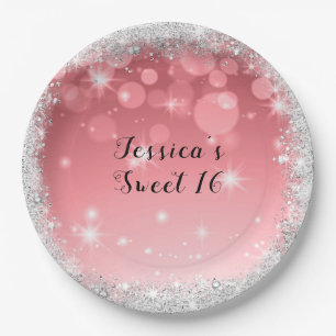 Zilver glinsterende Sweet Sixteen Roze Papieren Bordje