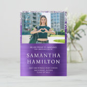 Zilver Glitter Amethyst Folie Foto Afstuderen Aankondiging (Staand voorkant)