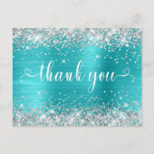 Zilver Glitter Aqua Blauw Sweet 16 Harten Dank je  Briefkaart (Voorkant)