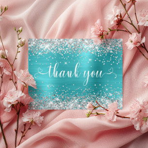 Zilver Glitter Aqua Blauw Sweet 16 Hartjes Dank Je Briefkaart