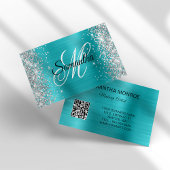 Zilver Glitter Aqua Blauwe Folie Monogram QR Code Visitekaartje