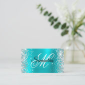 Zilver Glitter Aqua Blauwe Folie Monogram QR Code Visitekaartje (Staand voorkant)