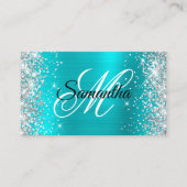 Zilver Glitter Aqua Blauwe Folie Monogram QR Code Visitekaartje (Voorkant)