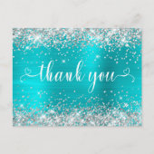 Zilver Glitter Aqua Blauwe Sweet 16 Harten Bedankt Briefkaart (Voorkant)