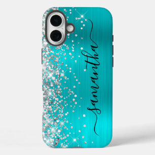 Zilver Glitter Aqua Metallic Meisjesachtige Zwarte iPhone 16 Plus Hoesje