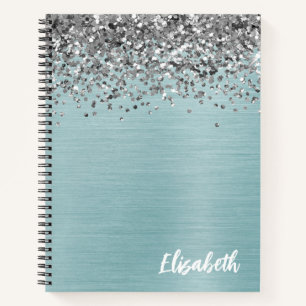 Zilver Glitter Aqua Teal Geborsteld Metaal Monogra Notitieboek
