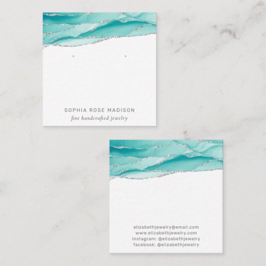 Zilver glitter Blauwgroen Agate Vierkante Visitekaartje (Voorkant / Achterkant)