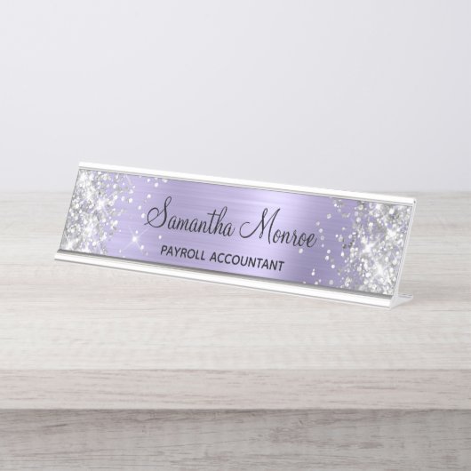 Zilver Glitter Bleek Lavender Folie Bureau Naambordje (Voorkant)