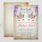 Zilver Glitter Bloemen Eenhoorn Baby Shower Uitnod Kaart (Voorkant / Achterkant)