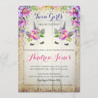 Zilver Glitter Bloemen Eenhoorn Baby Shower Uitnod Kaart