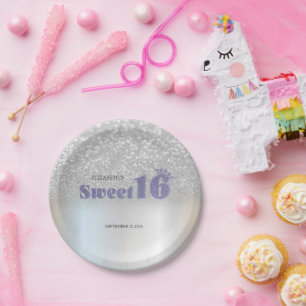 Zilver Glitter Bokeh Sweet 16 Kroon Papieren Bordje