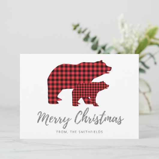 Zilver Glitter Buffalo geruite Beer Kerstmis Feestdagenkaart (Staand voorkant)