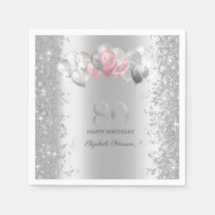 Zilver Glitter Confetti Roze Ballonnen 80ste Servet