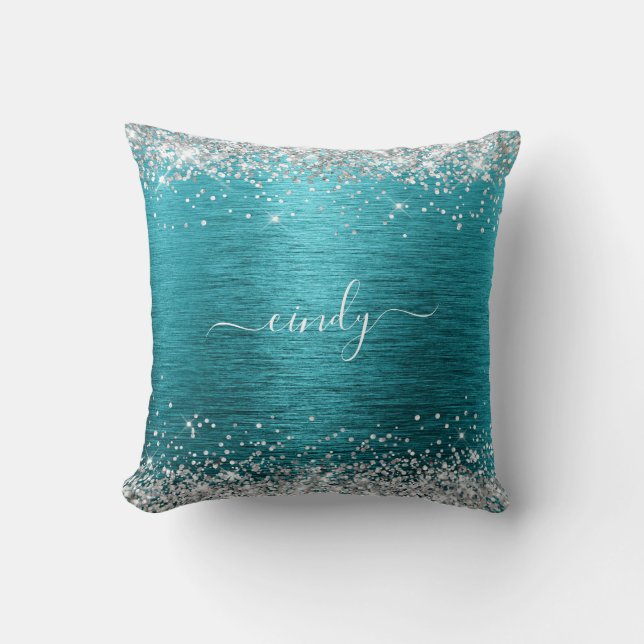 Zilver Glitter Donker Turquoise Geborsteld Metaal  Kussen (Voorkant)