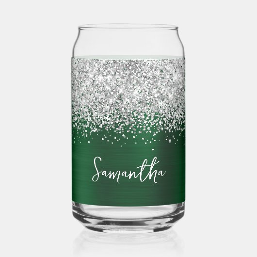 Zilver Glitter Donkergroen Glam Naam Blikvorm Glas (Voorkant)