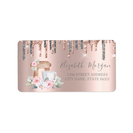 Zilver Glitter Drips Mixer Bloemen Rose Goud Etiket (Voorkant)