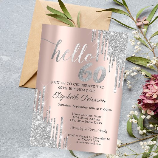 Zilver Glitter Drips Roze Goud 60e Verjaardag Kaart