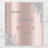 Zilver Glitter Drips Roze Goud Sweet 16 Wijn Etiket (Enkel label)