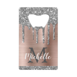 Zilver Glitter Drips Roze Gouden Metallic Monogram Creditkaart Flessenopener