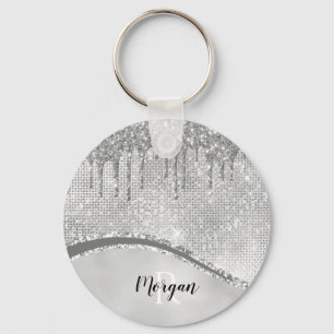 Zilver Glitter Drips & Sparkle, Naam & Monogram Ke Sleutelhanger