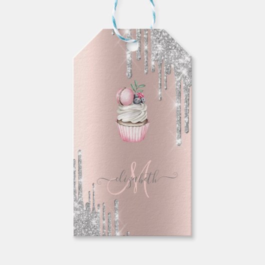 Zilver Glitter Druppels Roze Gouden Monogram Cupca Cadeaulabel (Voorkant)