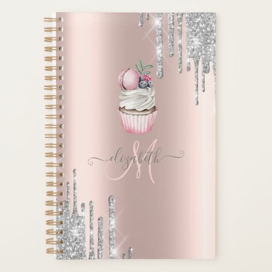 Zilver Glitter Druppels Roze Gouden Monogram Cupca Planner (Voorkant)