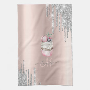 Zilver Glitter Druppels Roze Gouden Monogram Cupca Theedoek