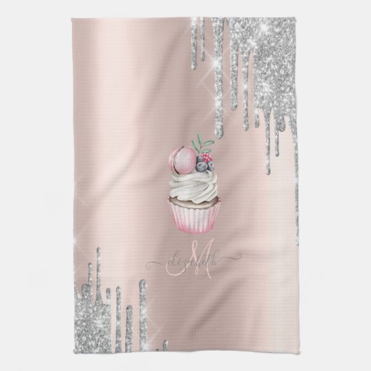 Zilver Glitter Druppels Roze Gouden Monogram Cupca Theedoek (Verticaal)